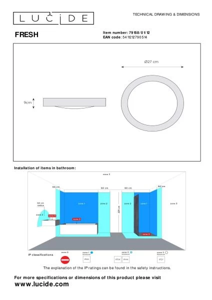 Lucide FRESH - Flush ceiling light Bathroom - Ø 27 cm - 1xE27 - IP44 - Satin Chrome - technical
